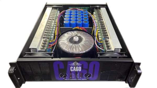 Inside view of the Ejimek Japan CA60 professional power amplifier showcasing its high-capacity toroidal transformer, large blue filter capacitors, dual heat sinks, and robust internal wiring. Engineered for reliable, high-power audio output with advanced thermal management and component layout.