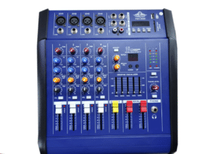 Top view of the Ejimek Japan PMX-402D 4-channel compact audio mixer in blue finish, featuring individual channel controls, 16 DSP digital effects, a graphic equalizer, USB/SD input slots, and both XLR and 1/4-inch input ports. Ideal for small gigs, studios, or podcast setups.