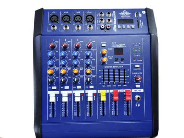 Top view of the Ejimek Japan PMX-402D 4-channel compact audio mixer in blue finish, featuring individual channel controls, 16 DSP digital effects, a graphic equalizer, USB/SD input slots, and both XLR and 1/4-inch input ports. Ideal for small gigs, studios, or podcast setups.