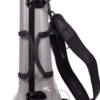 A vertical view of a silver hard-shell instrument case, likely for a violin or similar instrument. The case features padded shoulder straps for backpack-style carrying, two side handles, and secure black latches. The case is placed on a white background.