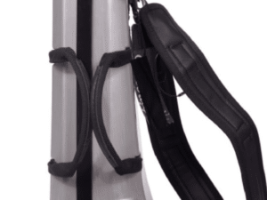 A vertical view of a silver hard-shell instrument case, likely for a violin or similar instrument. The case features padded shoulder straps for backpack-style carrying, two side handles, and secure black latches. The case is placed on a white background.
