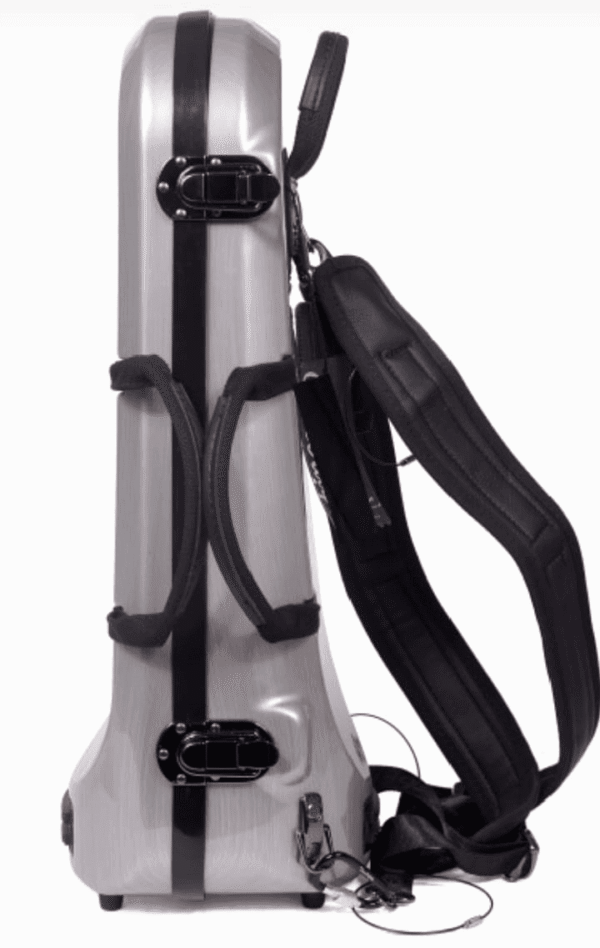 A vertical view of a silver hard-shell instrument case, likely for a violin or similar instrument. The case features padded shoulder straps for backpack-style carrying, two side handles, and secure black latches. The case is placed on a white background.