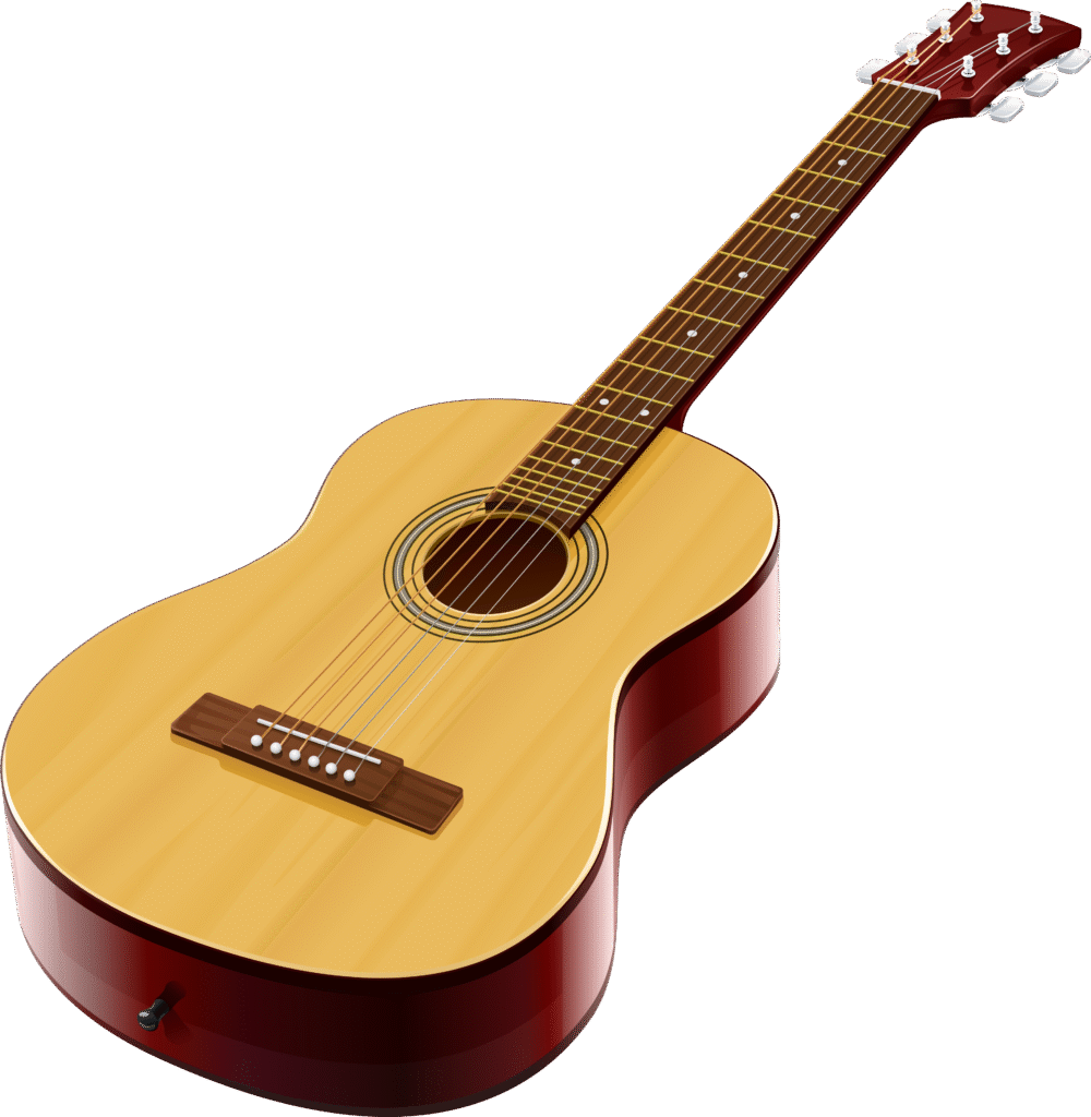 A six-string acoustic guitar with a light-colored wooden top, dark red sides and back, and a brown fretboard with white dot inlays.