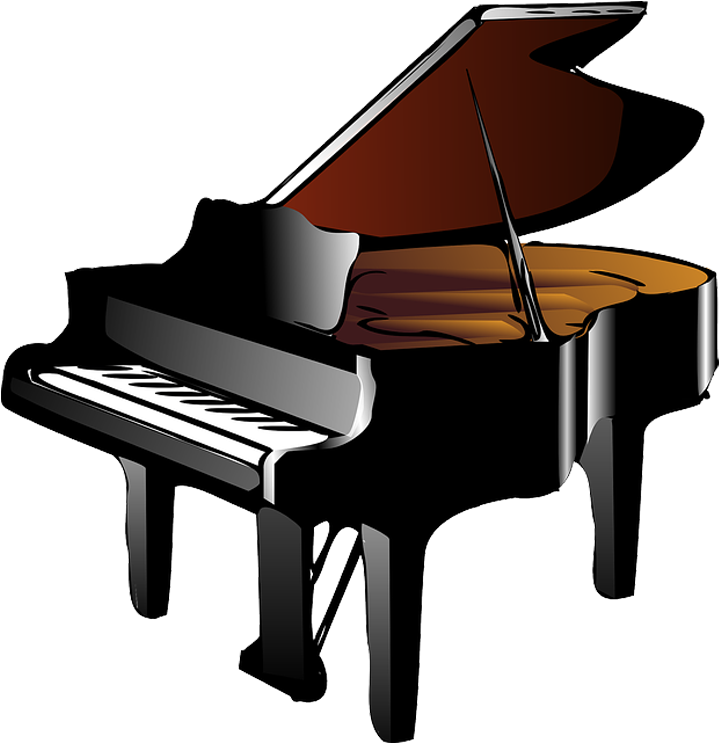 Black grand piano with three legs and open lid for concerts and luxury interiors