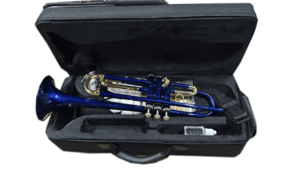 A blue and gold Ejimek Japan trumpet resting inside a black padded carrying case. The case also contains cleaning accessories and a small bottle of valve oil.