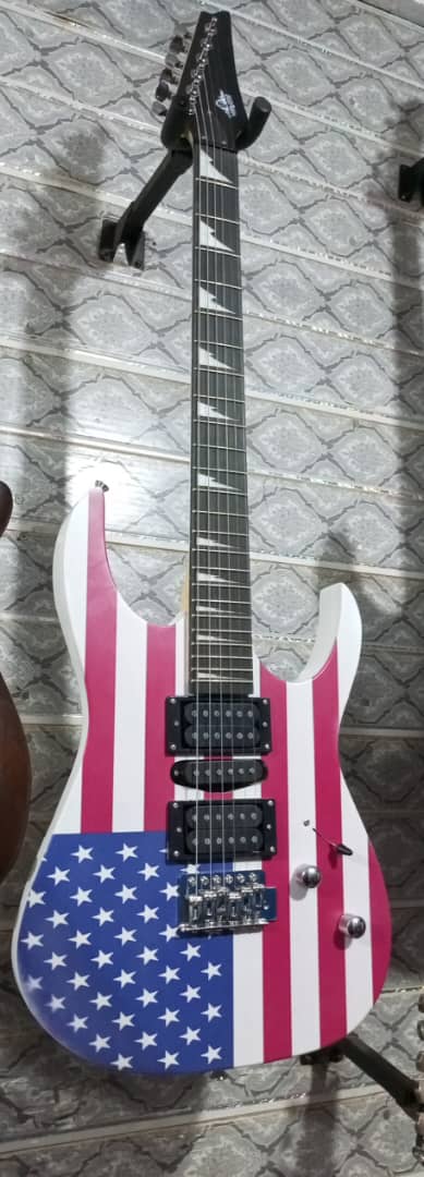 An electric guitar hanging on a wall. The guitar body is decorated with a design inspired by the American flag, featuring red and white vertical stripes on the upper part and a blue field with white stars on the lower part. The guitar has two humbucker pickups, one single-coil pickup, and a black fretboard with white triangular inlays.