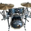 A complete Ejimek Japan professional drum set featuring a black and chrome finish. The kit includes a bass drum with logo, mounted toms, floor toms, a snare, and multiple brass cymbals supported by chrome stands and hardware.