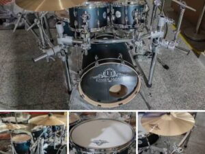 A collage of images featuring a professional Ejimek Japan acoustic drum kit. The main image shows a full setup including a bass drum, toms, floor tom, snare, and multiple cymbals mounted on a chrome rack system. The smaller images provide close-ups of individual components, including a snare drum, cymbal, and side view of the full kit.