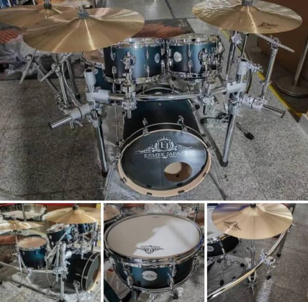 A collage of images featuring a professional Ejimek Japan acoustic drum kit. The main image shows a full setup including a bass drum, toms, floor tom, snare, and multiple cymbals mounted on a chrome rack system. The smaller images provide close-ups of individual components, including a snare drum, cymbal, and side view of the full kit.