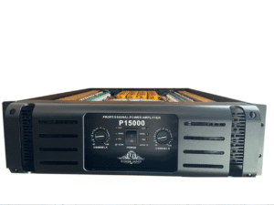 Front view of an Ejimek Japan P15000 professional power amplifier with a black faceplate. The amplifier has two control knobs labeled Channel A and Channel B, LED indicator lights for clip, signal, pro, and active, and a central power switch. The device features ventilation grilles on both sides.