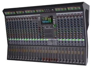 Front angled view of a professional 24-channel digital audio mixer. Features include a built-in multi-effects processor with LCD screen, individual channel EQ and gain knobs, color-coded controls, graphic equalizer, faders, LED metering, and USB interface for recording and playback. Designed for live sound or studio use.