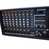 Front view of the Ejimek Japan PC-10800USB powered audio mixer, featuring 10 channels with XLR and line inputs, built-in graphic equalizer, USB/SD card playback module, rotary knobs for EQ and gain control, and dedicated AUX and phantom power controls. Enclosed in a rugged, carpeted casing suitable for stage and portable setups.
