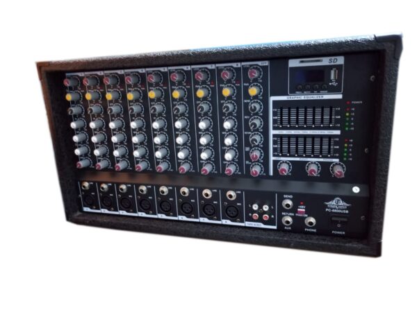 Front view of the Ejimek Japan PC-10800USB powered audio mixer, featuring 10 channels with XLR and line inputs, built-in graphic equalizer, USB/SD card playback module, rotary knobs for EQ and gain control, and dedicated AUX and phantom power controls. Enclosed in a rugged, carpeted casing suitable for stage and portable setups.