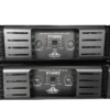 Two black Ejimek Japan professional power amplifiers, model P7000X, stacked vertically. Each amplifier has two control knobs labeled Channel A and Channel B, a central power switch, and indicator lights for clip, signal, protect, and active status. The units have ventilation slots on the sides.