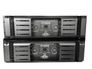 Two black Ejimek Japan professional power amplifiers, model P7000X, stacked vertically. Each amplifier has two control knobs labeled Channel A and Channel B, a central power switch, and indicator lights for clip, signal, protect, and active status. The units have ventilation slots on the sides.
