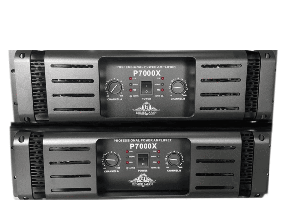 Two black Ejimek Japan professional power amplifiers, model P7000X, stacked vertically. Each amplifier has two control knobs labeled Channel A and Channel B, a central power switch, and indicator lights for clip, signal, protect, and active status. The units have ventilation slots on the sides.