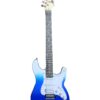 An electric guitar with a gradient blue body that fades from light blue at the top to deep blue at the bottom. It has a white pickguard, a dark fretboard with dot inlays, and six tuning pegs on a light-colored headstock.