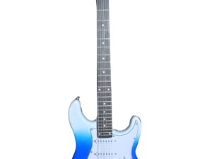An electric guitar with a gradient blue body that fades from light blue at the top to deep blue at the bottom. It has a white pickguard, a dark fretboard with dot inlays, and six tuning pegs on a light-colored headstock.