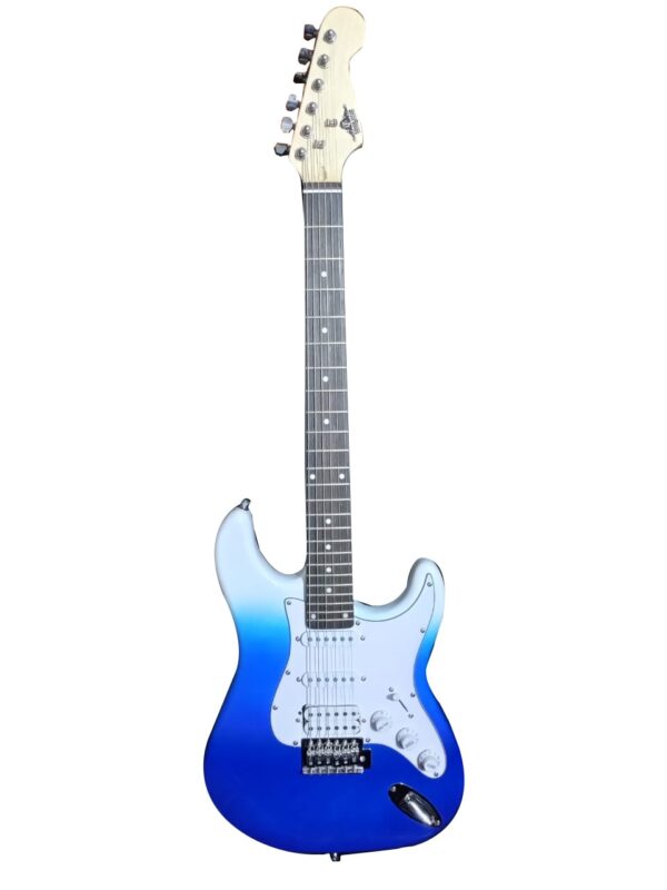 An electric guitar with a gradient blue body that fades from light blue at the top to deep blue at the bottom. It has a white pickguard, a dark fretboard with dot inlays, and six tuning pegs on a light-colored headstock.