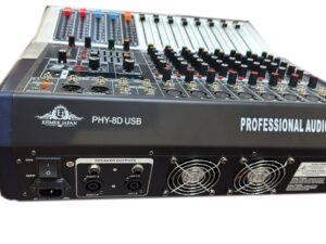 Ejimek Japan PHY-8D USB professional audio mixer with 8 channels, built-in power amplifier, USB interface, speaker output ports, and dual cooling fans. Features multiple EQ controls, XLR inputs, and digital effects for live or studio use.