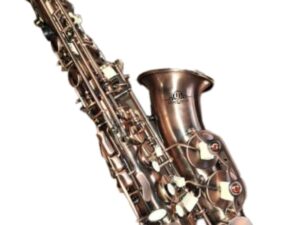 Copper-tone alto saxophone with intricate keys and pads, displayed against a white background. The saxophone features the "EJIMEK JAPAN" logo printed near the bell. The instrument's craftsmanship and details are clearly visible.