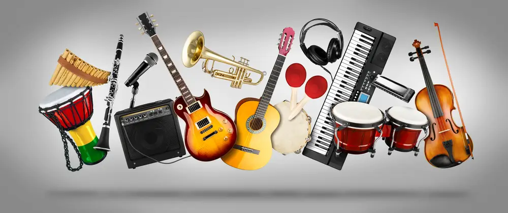 Collection of Various Musical Instruments A diverse group of musical instruments including a drum, pan flute, clarinet, microphone, amplifier, electric guitar, trumpet, acoustic guitar, maracas, banjo, headphones, keyboard, bongos, and a violin displayed against a gray background."