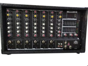Audio mixer with multiple channels and control knobs displayed