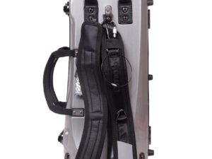 A silver hard-shell instrument case standing vertically with two black padded carrying straps attached. The straps have metal clasps and rings, and the case features a handle on the side. The logo "Ejimek Japan" is visible on the top part of the case.