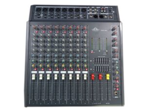 Top view of the Ejimek Japan CMX-842 8-channel professional audio mixer featuring XLR and line inputs, a built-in graphic equalizer, multi-band EQ knobs per channel, and integrated digital effects. Ideal for live performances and studio mixing.