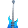 A blue electric guitar with a black neck and silver tuning pegs. The guitar has two humbucker pickups and one single-coil pickup, along with volume and tone knobs. The headstock displays a logo.