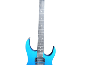 A blue electric guitar with a black neck and silver tuning pegs. The guitar has two humbucker pickups and one single-coil pickup, along with volume and tone knobs. The headstock displays a logo.