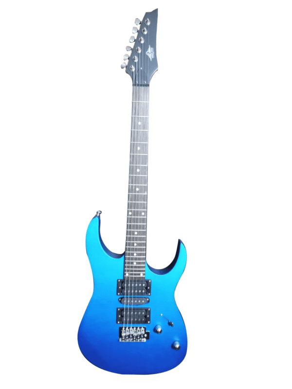 A blue electric guitar with a black neck and silver tuning pegs. The guitar has two humbucker pickups and one single-coil pickup, along with volume and tone knobs. The headstock displays a logo.