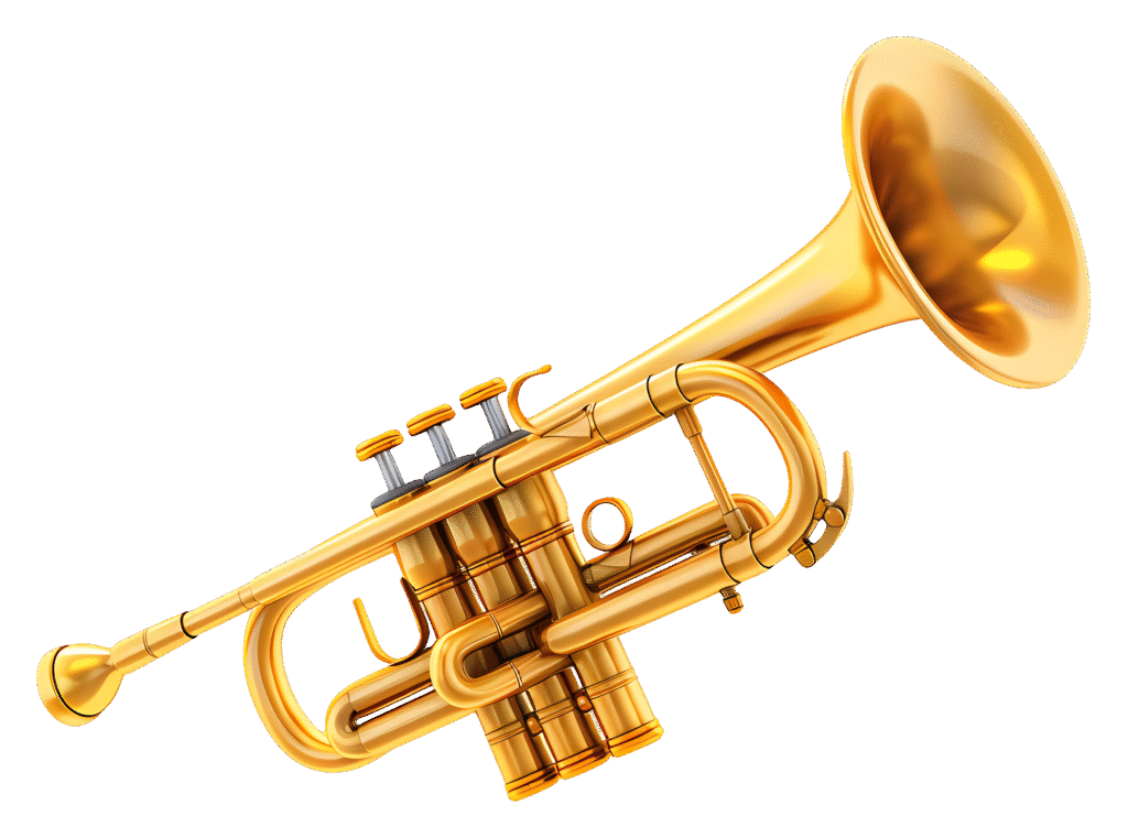 A shiny golden trumpet with three valves and a curved leadpipe, commonly used in classical, jazz, and marching band music.
