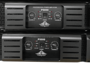 Two stacked black Ejimek Japan P5000 professional power amplifiers. Each unit has dual channel controls labeled Channel A and Channel B, with dials for volume and LED indicators for clip, signal, and protection. The central power switch is flanked by the company logo and branding below.
