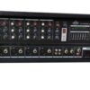 Front view of the Ejimek Japan PC-4400USB powered audio mixer, featuring 4 channels with XLR and line inputs, rotary knobs for high, mid, low, trim, send, and level controls, a built-in graphic equalizer, LED level indicators, and USB/SD card playback module. The mixer includes AUX, phantom power, tape/rec RCA connectors, headphone jack, and is housed in a rugged casing for durability.