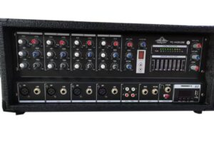 Front view of the Ejimek Japan PC-4400USB powered audio mixer, featuring 4 channels with XLR and line inputs, rotary knobs for high, mid, low, trim, send, and level controls, a built-in graphic equalizer, LED level indicators, and USB/SD card playback module. The mixer includes AUX, phantom power, tape/rec RCA connectors, headphone jack, and is housed in a rugged casing for durability.