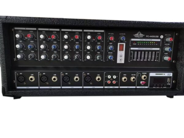 Front view of the Ejimek Japan PC-4400USB powered audio mixer, featuring 4 channels with XLR and line inputs, rotary knobs for high, mid, low, trim, send, and level controls, a built-in graphic equalizer, LED level indicators, and USB/SD card playback module. The mixer includes AUX, phantom power, tape/rec RCA connectors, headphone jack, and is housed in a rugged casing for durability.