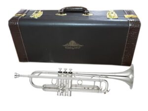 A silver Ejimek Japan trumpet placed in front of a black hard carrying case with brown textured edges and gold hardware. The case features the Ejimek Japan logo in the center.
