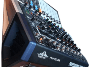 Angled side view of the Ejimek Japan PHY-6D USB professional 6-channel audio mixer showing multiple input ports, colorful channel sliders, integrated USB interface, built-in power switch, and speaker output terminals. Ideal for small studio setups or live performances.