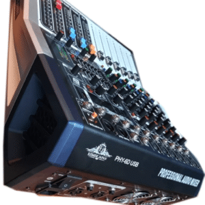 Angled side view of the Ejimek Japan PHY-6D USB professional 6-channel audio mixer showing multiple input ports, colorful channel sliders, integrated USB interface, built-in power switch, and speaker output terminals. Ideal for small studio setups or live performances.
