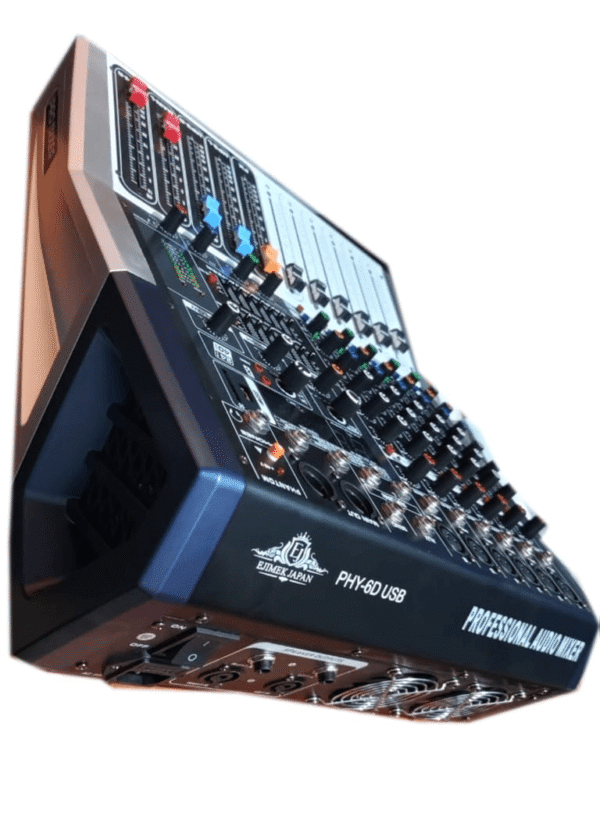 Angled side view of the Ejimek Japan PHY-6D USB professional 6-channel audio mixer showing multiple input ports, colorful channel sliders, integrated USB interface, built-in power switch, and speaker output terminals. Ideal for small studio setups or live performances.
