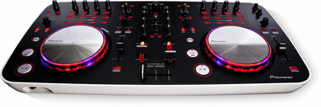 A Pioneer DDJ-ERGO DJ controller featuring two illuminated jog wheels with red and purple LED rings, numerous knobs and buttons for effects and sampling, and a sleek black and white design.