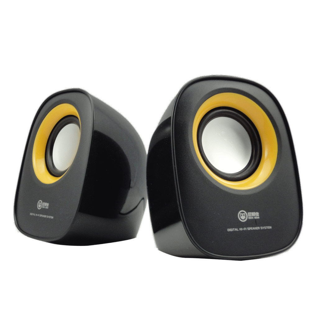 A pair of compact black desktop speakers with yellow accents around the speaker cones. The speakers are angled slightly outward and labeled "Digital Hi-Fi Speaker System" on the front.