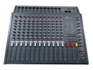 Ejimek Japan CMX-1242 audio mixer featuring 12 channels with individual faders, 3-band EQ, multiple input/output ports, and dual 7-band graphic equalizers. Ideal for live sound mixing, studio recording, or broadcast applications.