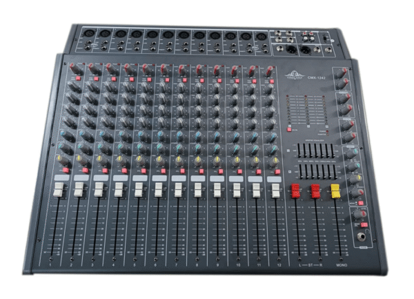 Ejimek Japan CMX-1242 audio mixer featuring 12 channels with individual faders, 3-band EQ, multiple input/output ports, and dual 7-band graphic equalizers. Ideal for live sound mixing, studio recording, or broadcast applications.