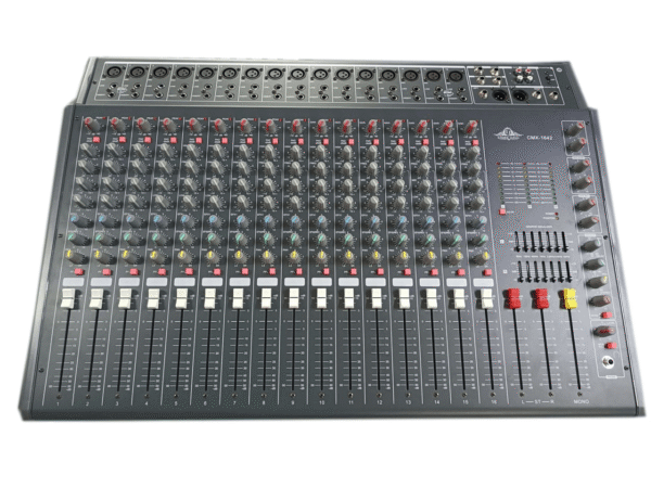 Top view of the Ejimek Japan CMX-1642 professional audio mixer featuring 16 channels. Each channel has faders, knobs for EQ and gain control, and color-coded buttons. The right side includes a master section with graphic equalizers, main mix faders, and level indicators.