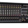 Front view of the Ejimek Japan PC-10800USB powered audio mixer, featuring 10 channels with XLR and line inputs, built-in graphic equalizer, USB/SD card playback module, rotary knobs for EQ and gain control, and dedicated AUX and phantom power controls. Enclosed in a rugged, carpeted casing suitable for stage and portable setups.