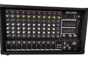 Front view of the Ejimek Japan PC-10800USB powered audio mixer, featuring 10 channels with XLR and line inputs, built-in graphic equalizer, USB/SD card playback module, rotary knobs for EQ and gain control, and dedicated AUX and phantom power controls. Enclosed in a rugged, carpeted casing suitable for stage and portable setups.