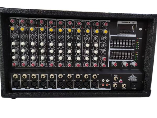 Front view of the Ejimek Japan PC-10800USB powered audio mixer, featuring 10 channels with XLR and line inputs, built-in graphic equalizer, USB/SD card playback module, rotary knobs for EQ and gain control, and dedicated AUX and phantom power controls. Enclosed in a rugged, carpeted casing suitable for stage and portable setups.